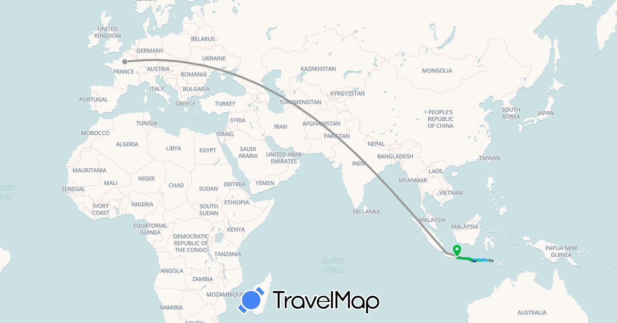 TravelMap itinerary: driving, bus, plane, boat in France, Indonesia (Asia, Europe)